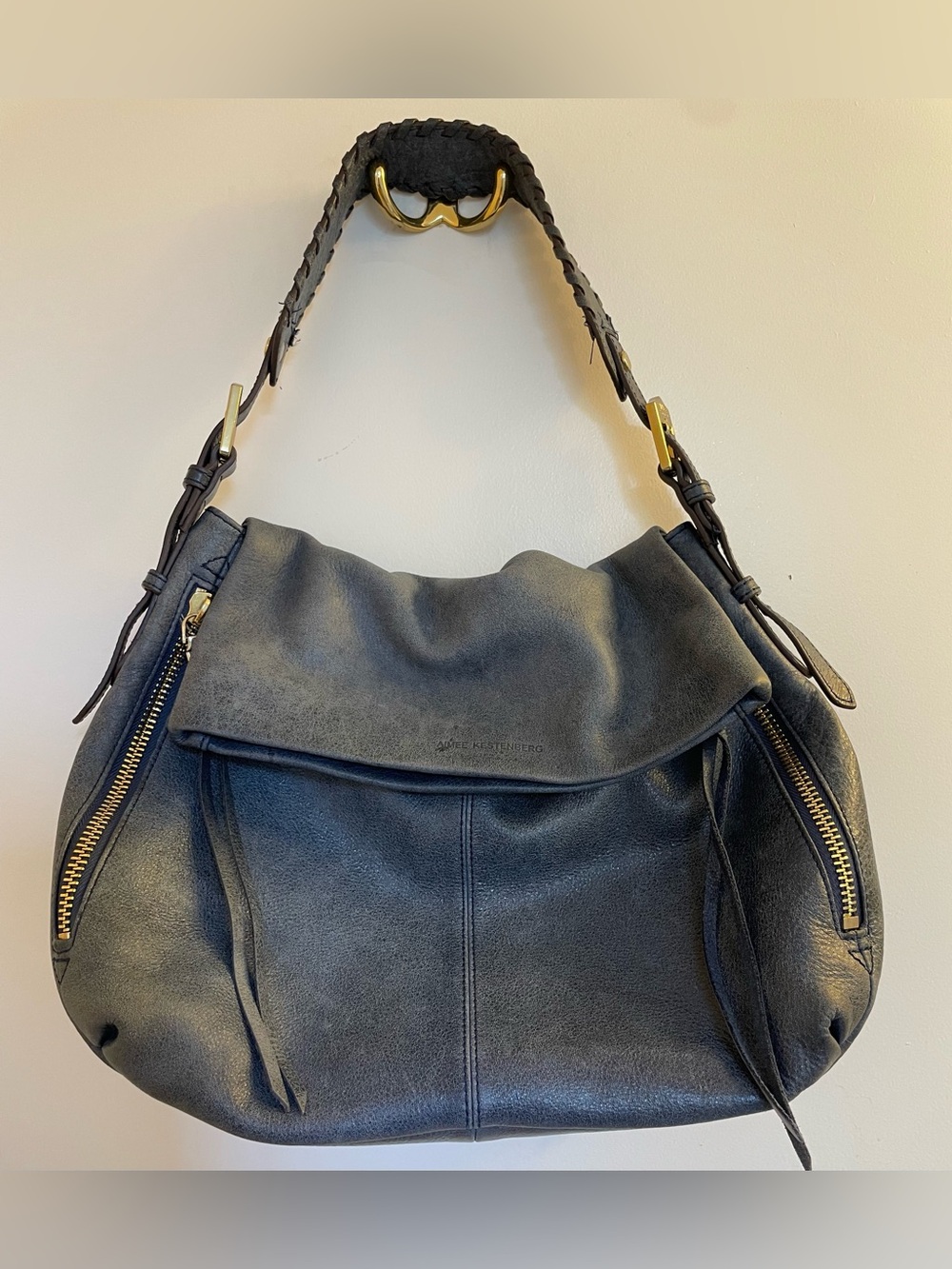 Aimee Kestenberg Bali Double Entry Leather Hobo Distressed Denim Blue With Flap